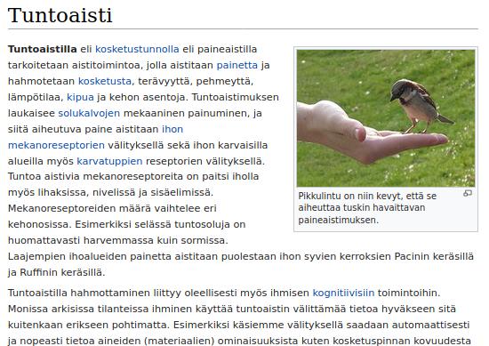 Kuvankaappaus Wikipedian tuntoaistia käsittelevästä artikkelista jossa varpunen syö siemeniä kädestä.